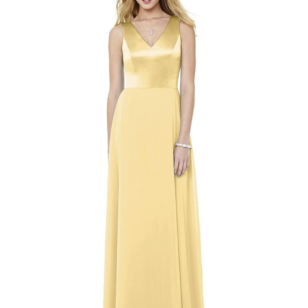 Dessy Collection Yellow Satin V-Neck Maxi Dress